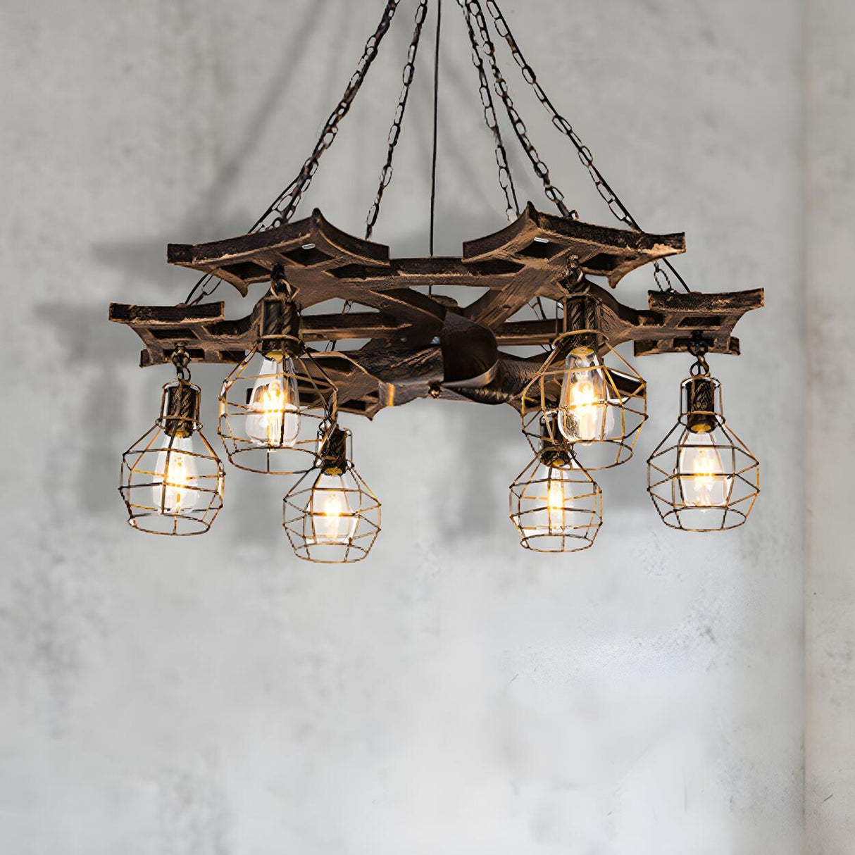 Industrial Rustic 6 Bulbs Bronze Cage Wheel Chandelier Image - 1