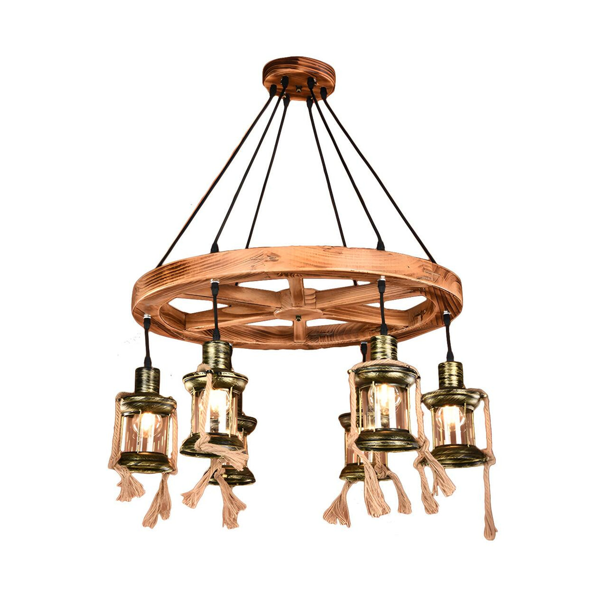 Industrial Rustic Lantern Wood Wagon Wheel Chandelier Image - 3