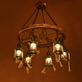 Industrial Rustic Lantern Wood Wagon Wheel Chandelier Image - 4