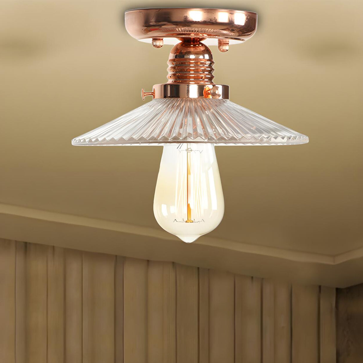 Industrial Saucer Copper Glass Semi-Flush Mount Light Image - 1