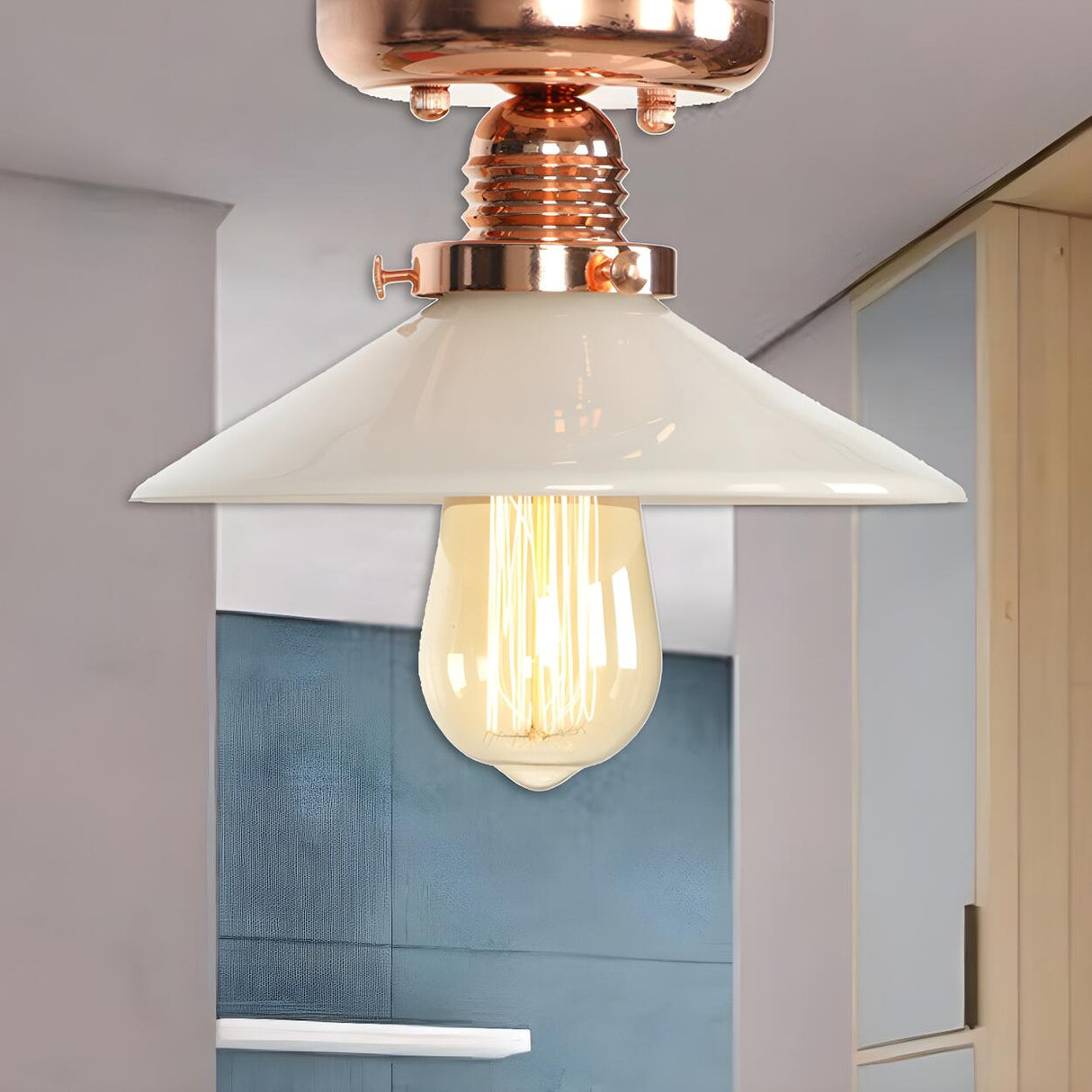 Industrial Saucer Copper Glass Semi-Flush Mount Light Image - 5