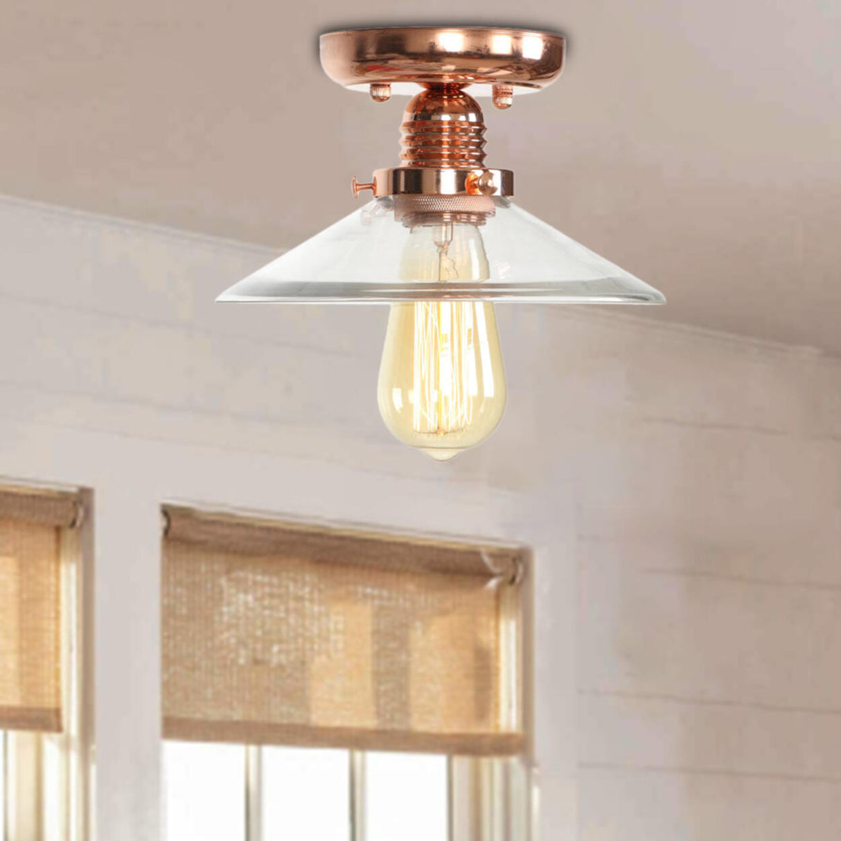 Industrial Saucer Copper Glass Semi-Flush Mount Light Image - 8