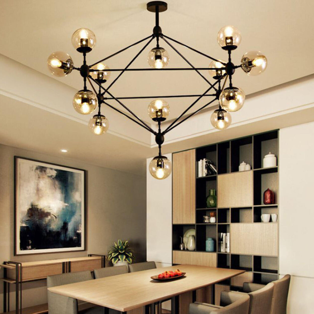 Industrial Tiered Black Metal Glass Globes Chandelier Image - 1