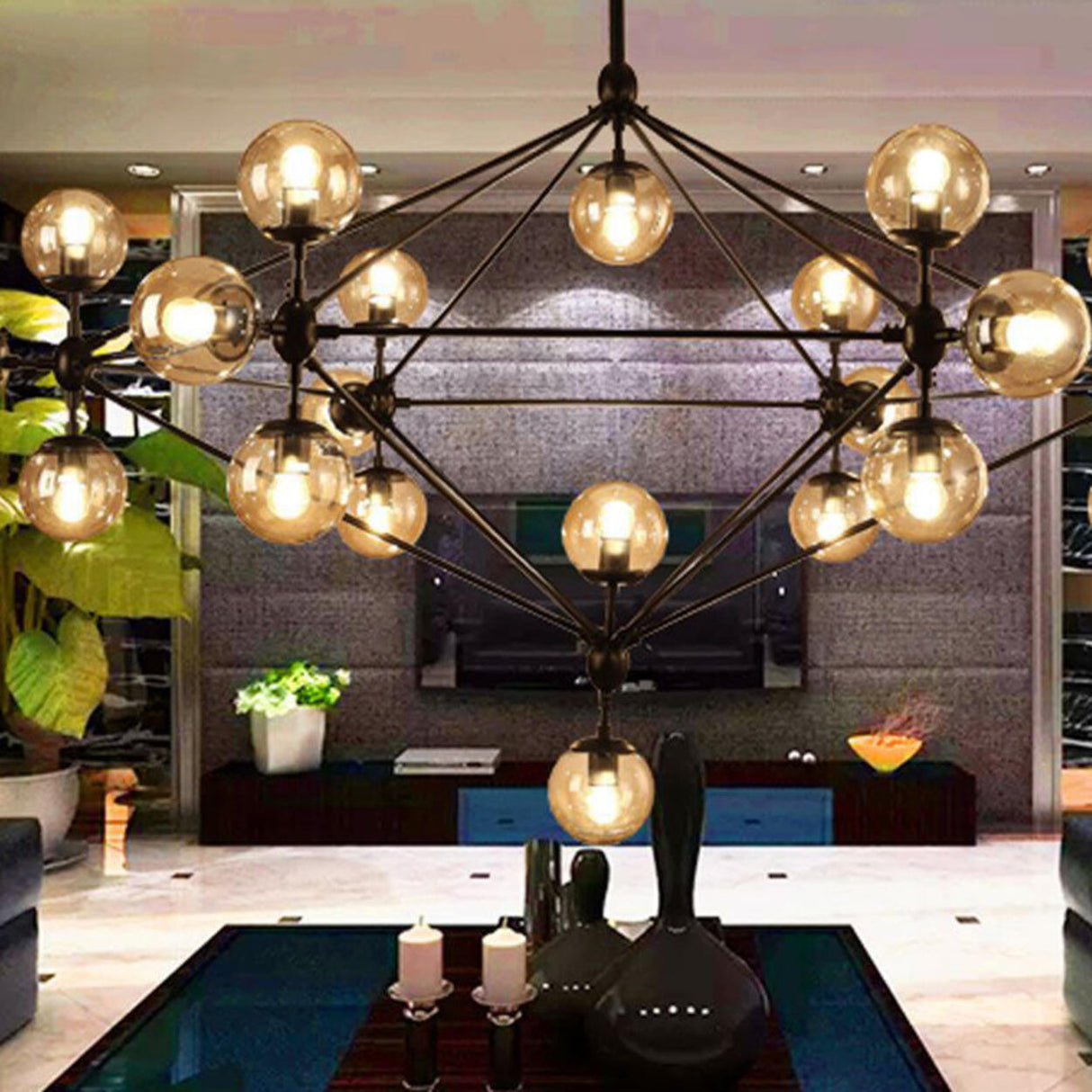 Industrial Tiered Black Metal Glass Globes Chandelier Image - 4