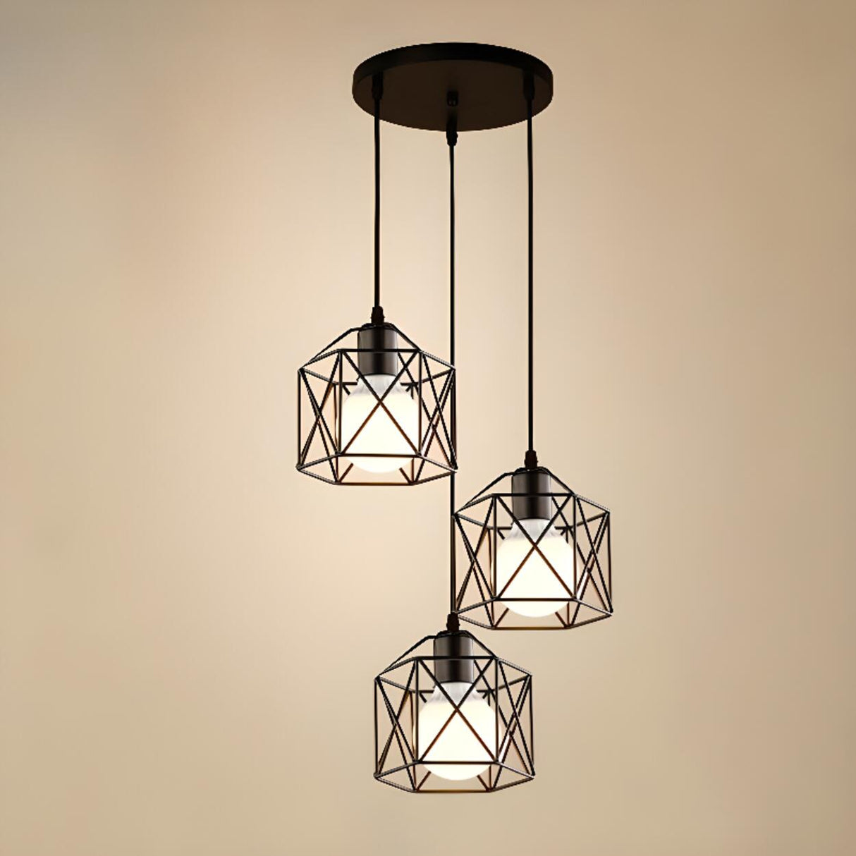 Industrial Triple Black Geometric Cage Pendant Light Image - 10