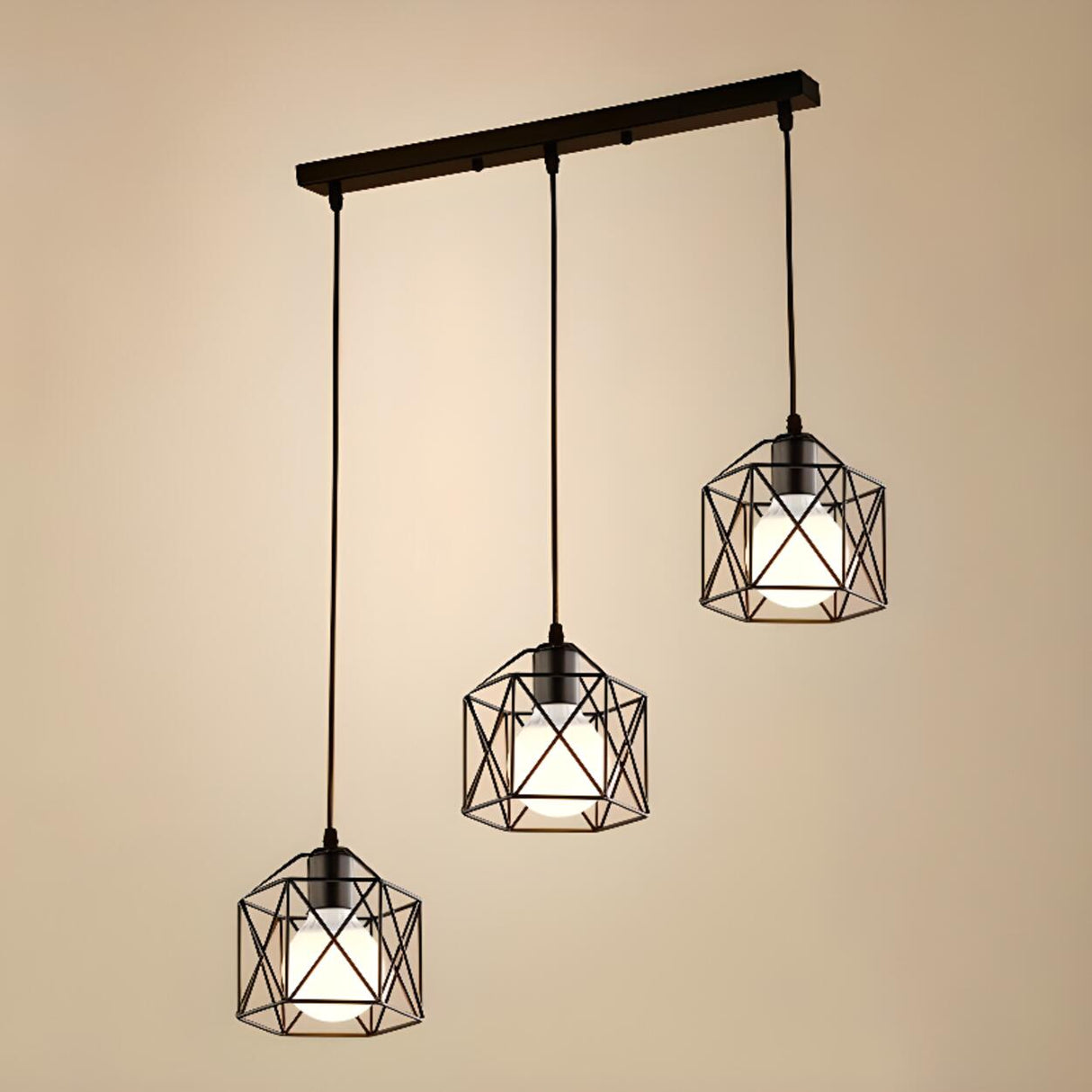 Industrial Triple Black Geometric Cage Pendant Light Image - 11