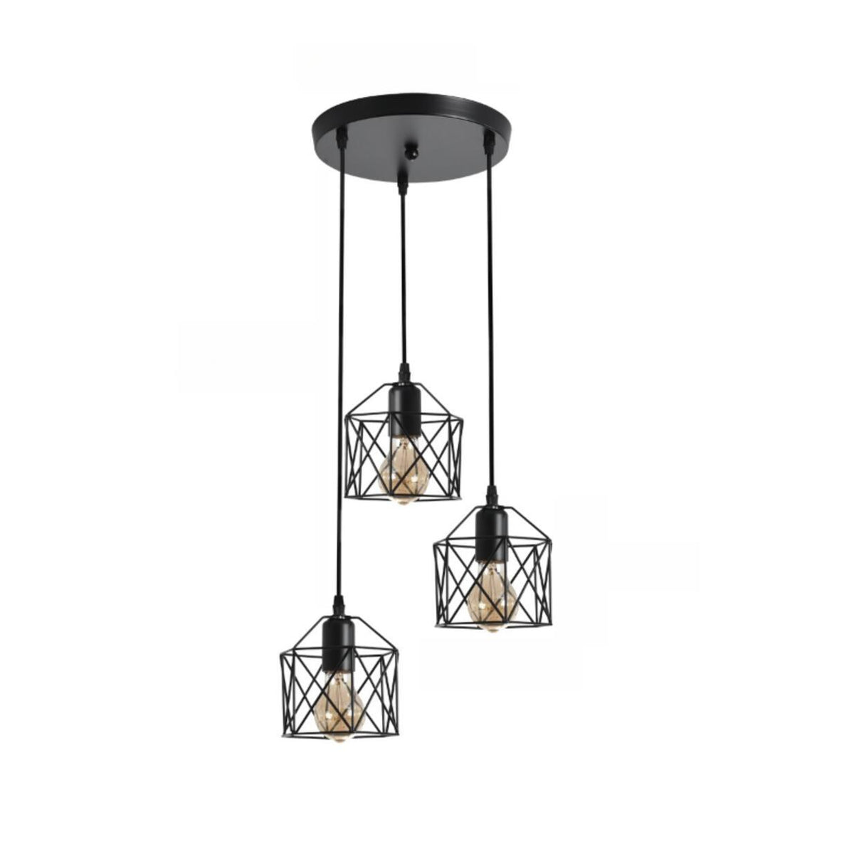 Industrial Triple Black Geometric Cage Pendant Light Image - 12