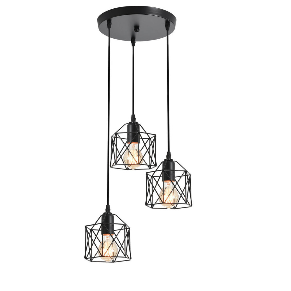 Industrial Triple Black Geometric Cage Pendant Light Image - 5