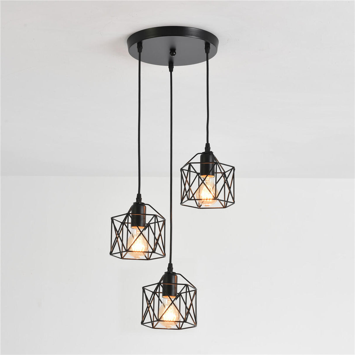 Industrial Triple Black Geometric Cage Pendant Light Image - 6