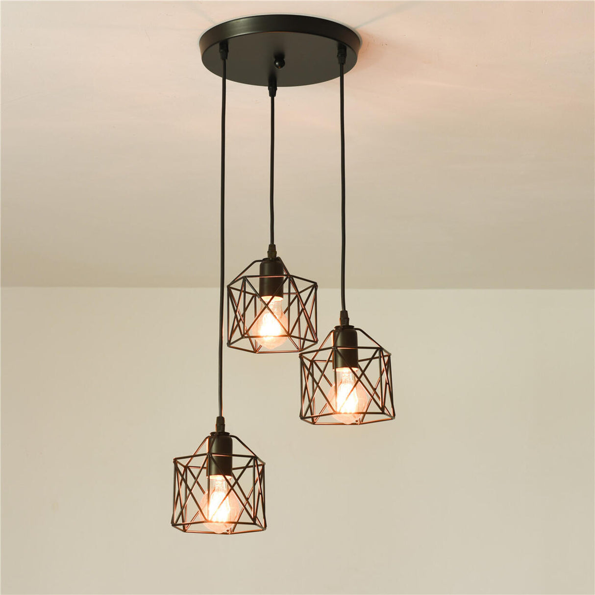 Industrial Triple Black Geometric Cage Pendant Light Image - 7