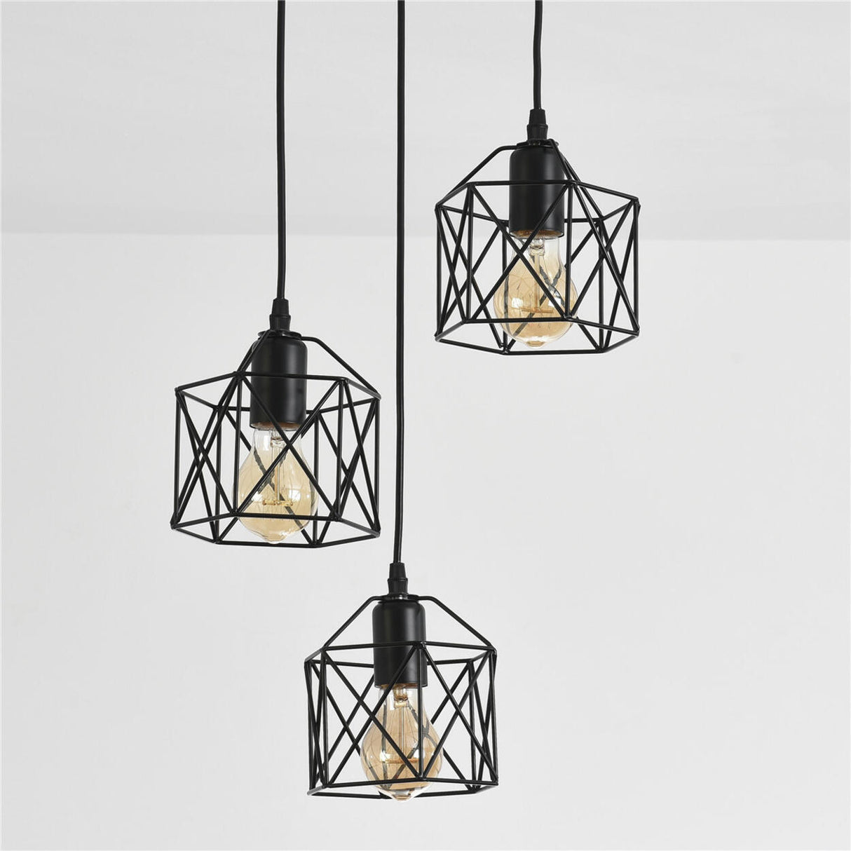 Industrial Triple Black Geometric Cage Pendant Light Image - 8