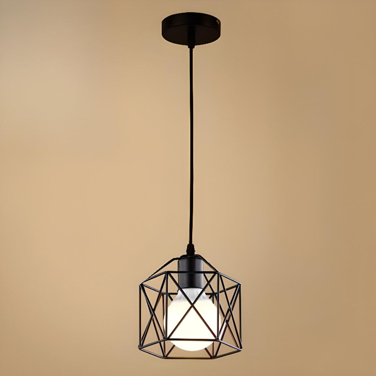 Industrial Triple Black Geometric Cage Pendant Light Image - 9