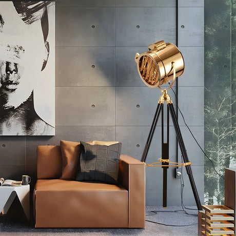 Industrial Tripod Metal Rotatable Gold LED Floor Lamp Image - 1