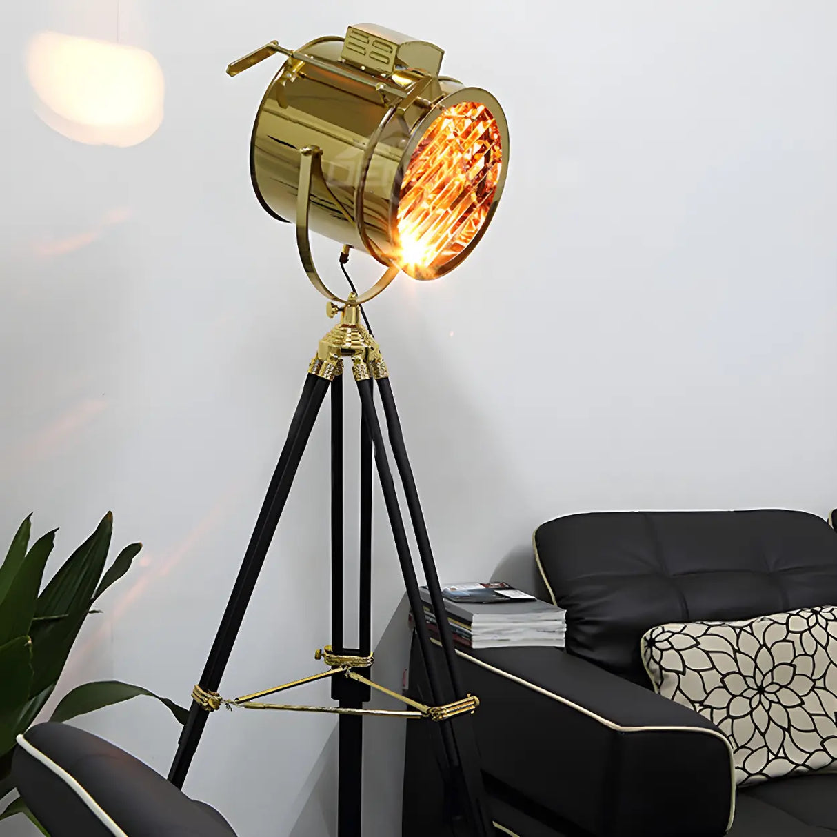 Industrial Tripod Metal Rotatable Gold LED Floor Lamp Image - 2