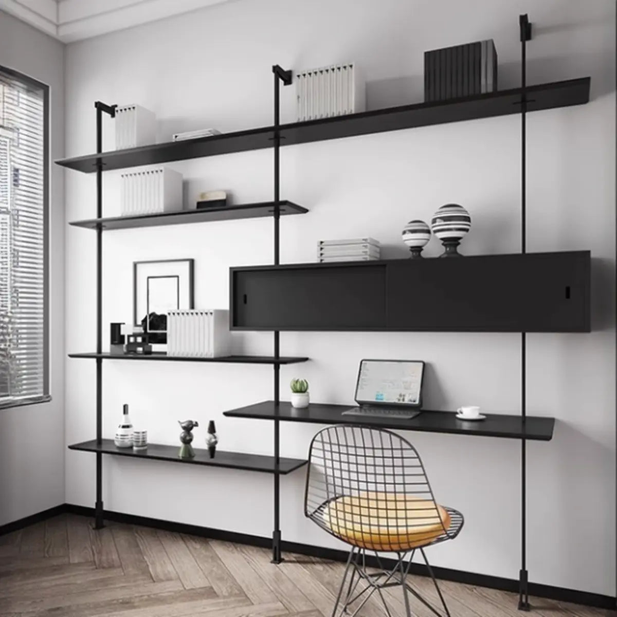 Industrial Wall Hanging Metal Black Open Bookshelf Image - 4