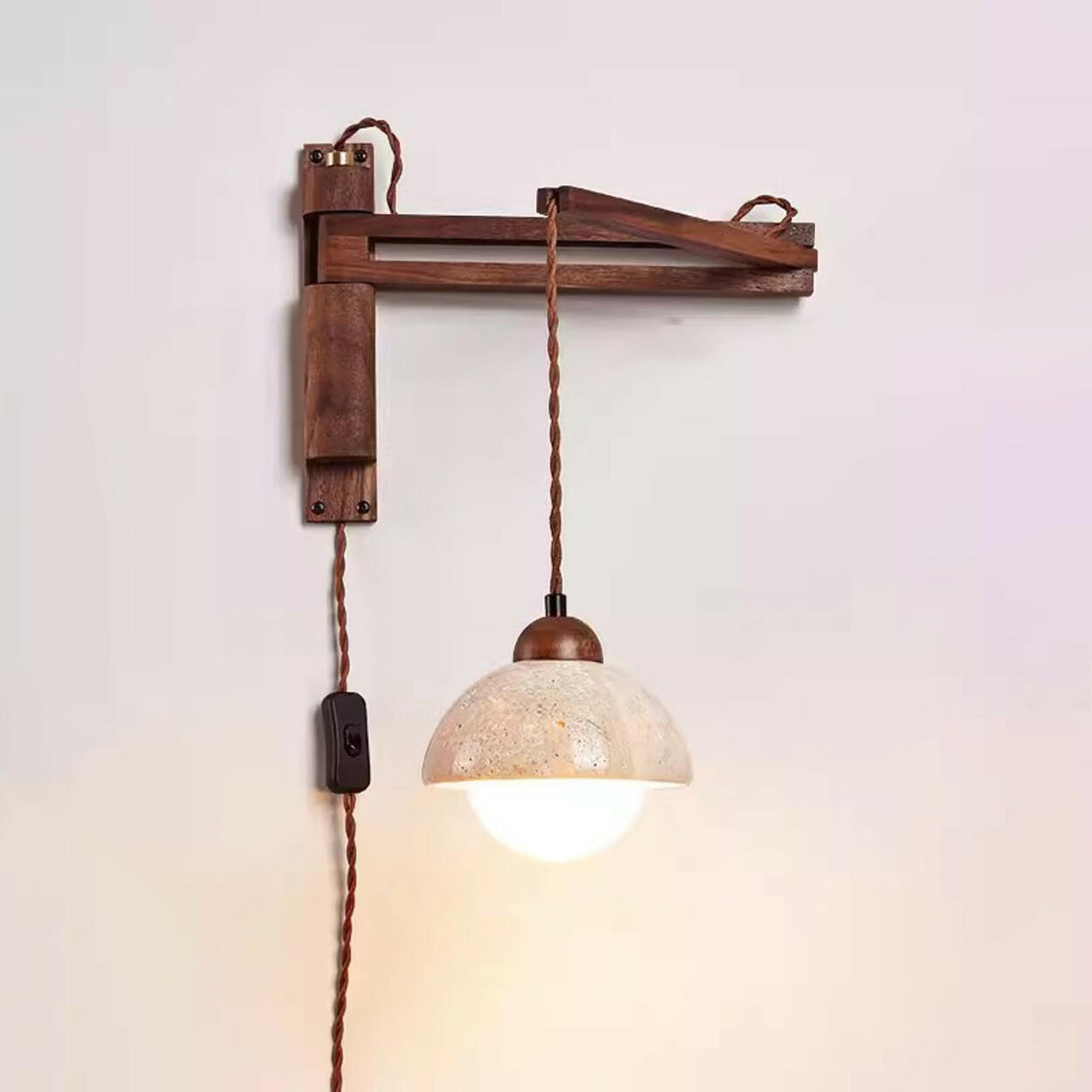 Industrial Walnut Wood Dome Swing Arm Wall Sconce Image - 9