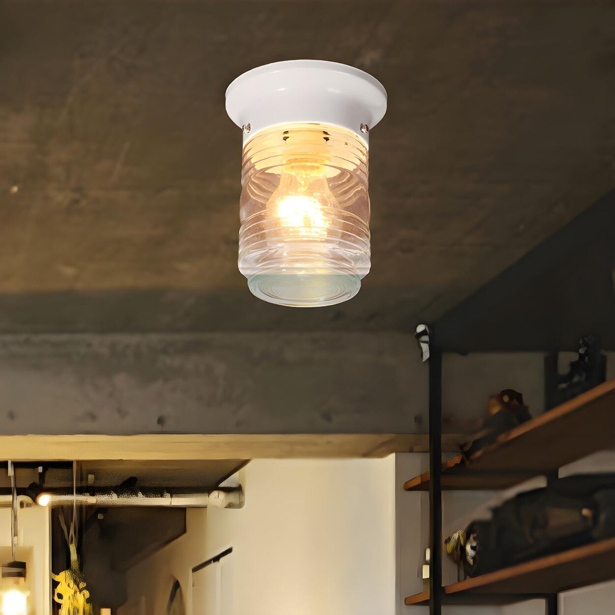 Industrial White Cylinder Clear Glass Flush Mount Light Image - 2