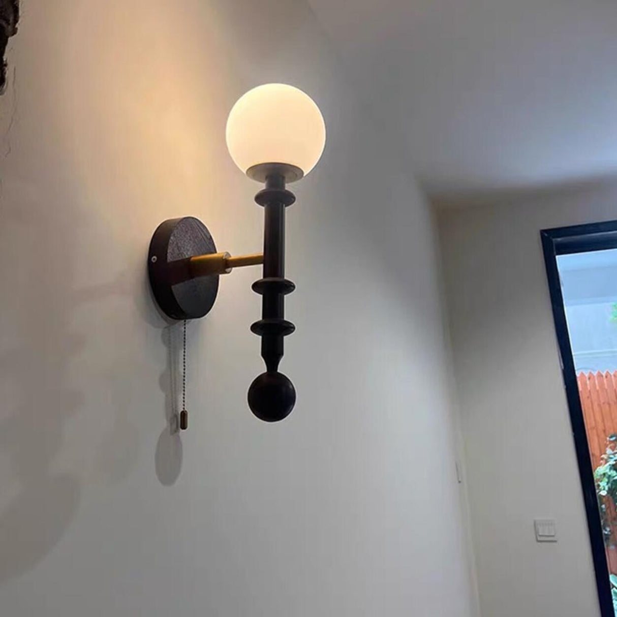 Industrial White Globe Black Pull Chain Wall Light Image - 1