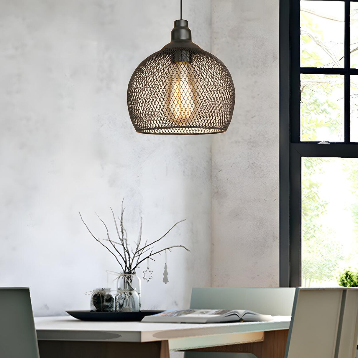 Industrial Wire Mesh Metal Dome Dining Room Pendant Light Image - 2