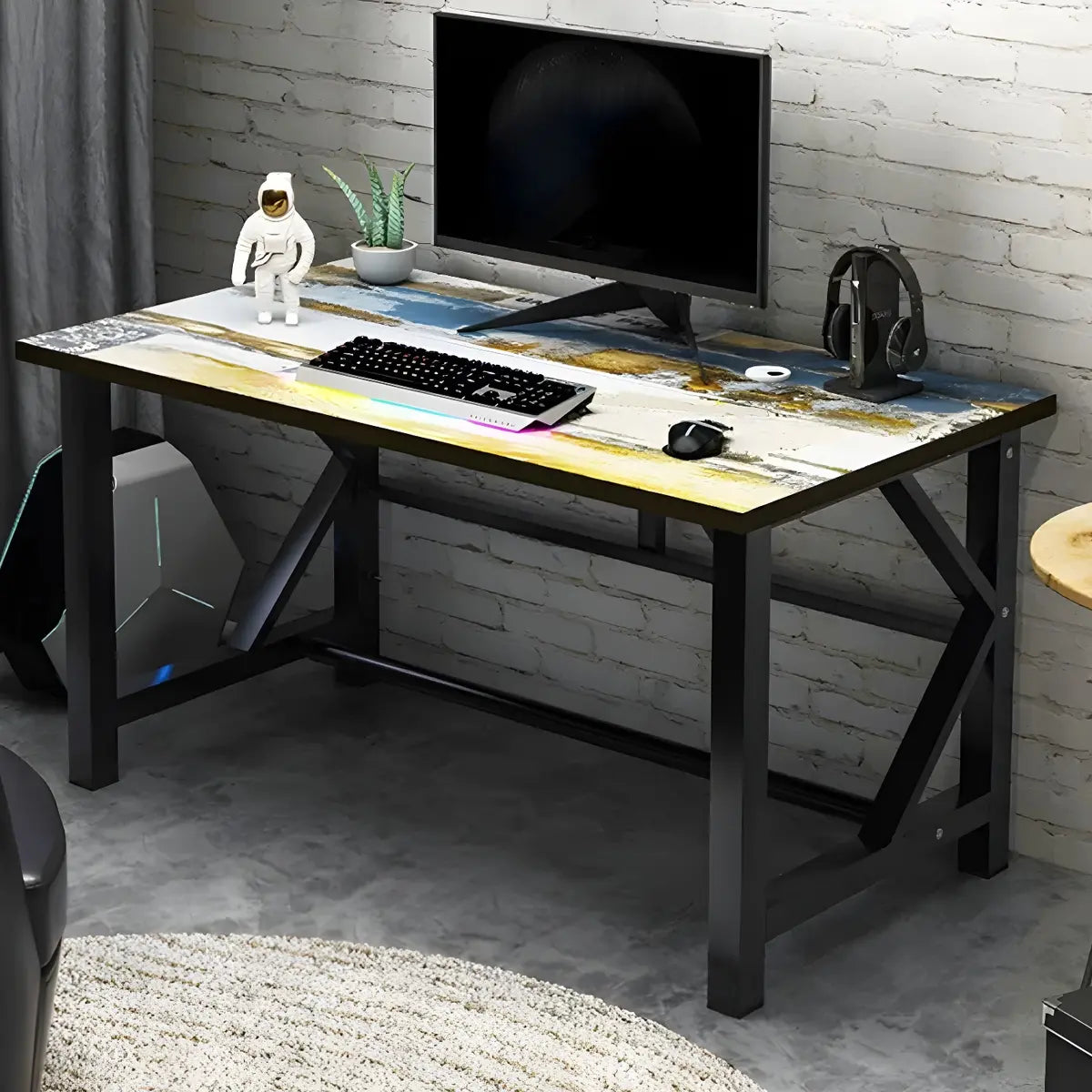 Industrial Wood Rectangle Trestle Small Gaming Desk Image - 1