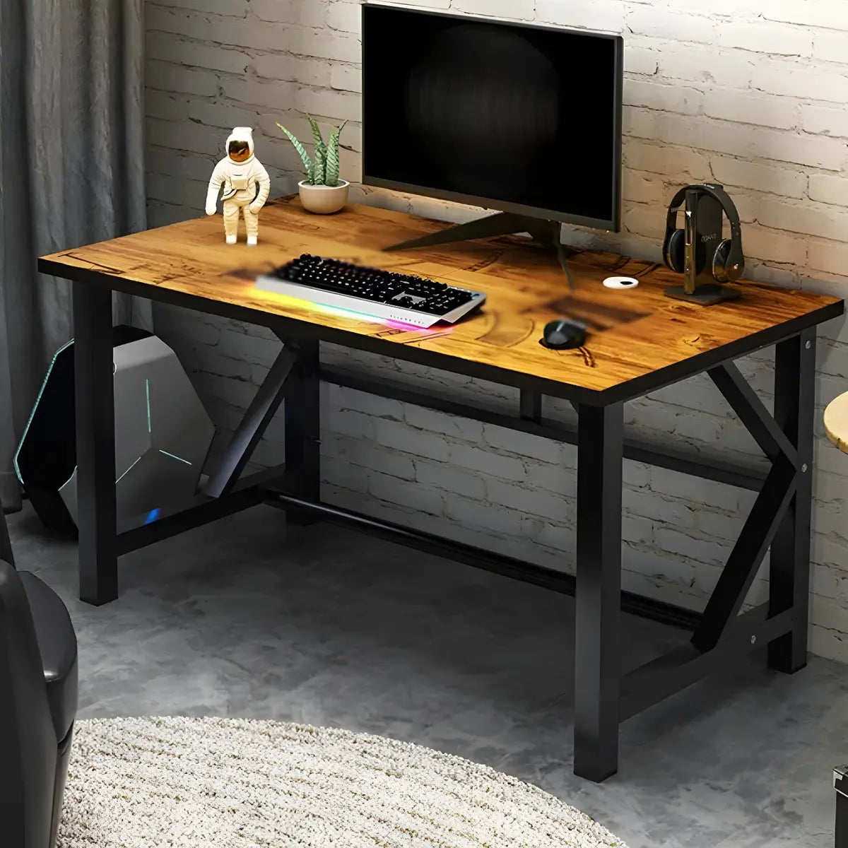 Industrial Wood Rectangle Trestle Small Gaming Desk Image - 2