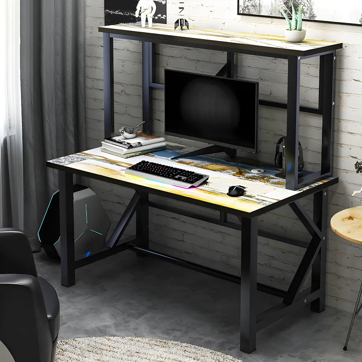 Industrial Wood Rectangle Trestle Small Gaming Desk Image - 3