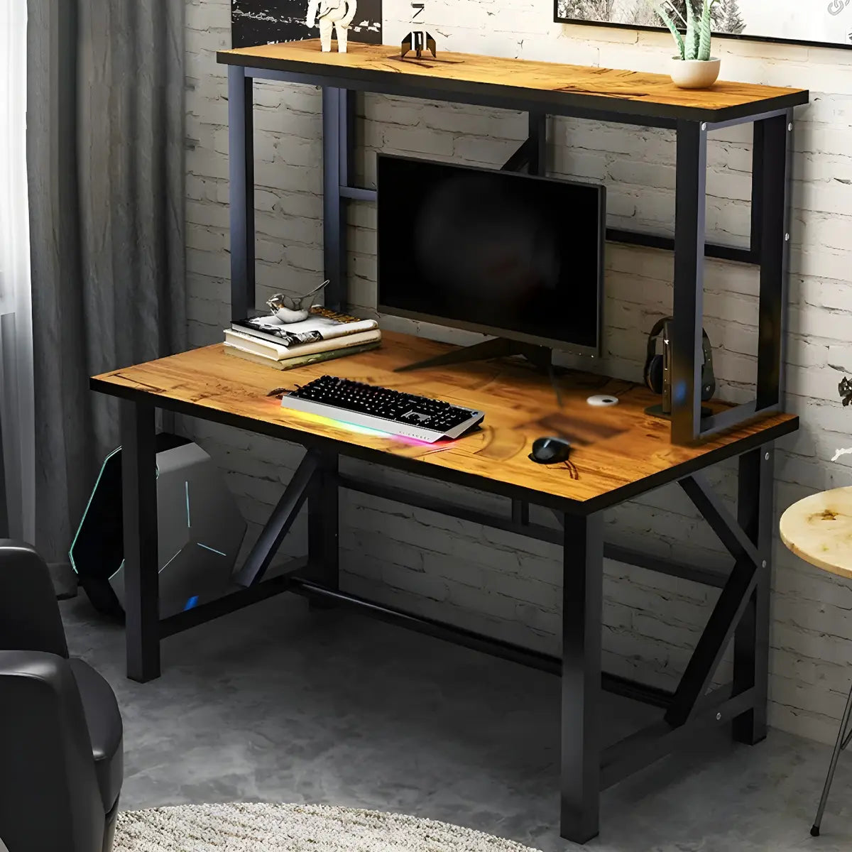 Industrial Wood Rectangle Trestle Small Gaming Desk Image - 4