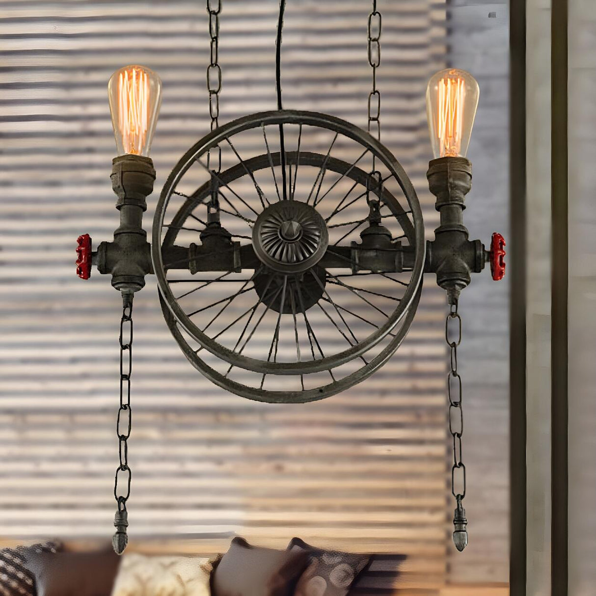 Industrial Wrought Iron Wheel Edison Bulb Chandelier Image - 1