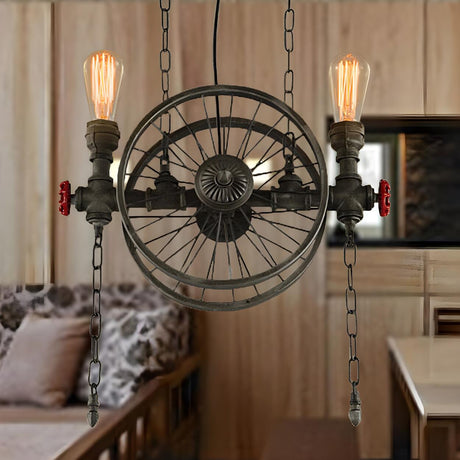 Industrial Wrought Iron Wheel Edison Bulb Chandelier Image - 2