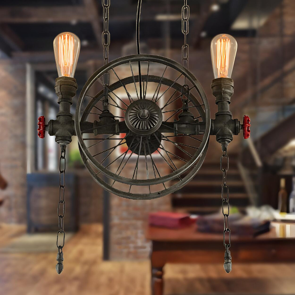 Industrial Wrought Iron Wheel Edison Bulb Chandelier Image - 3