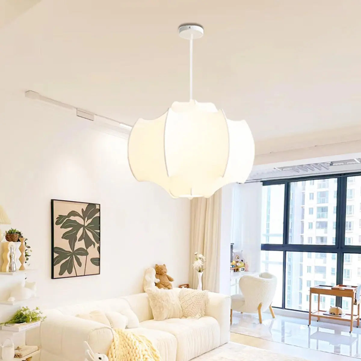 Italian Drum Silk Pendant Living Room White Chandelier Image - 1