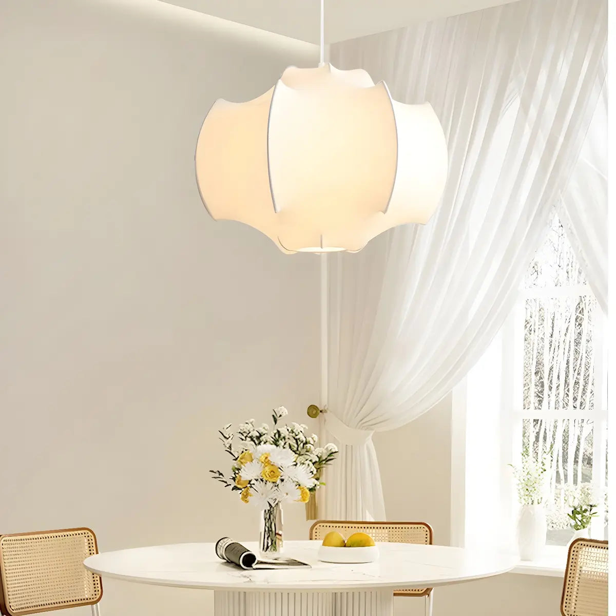 Italian Drum Silk Pendant Living Room White Chandelier Image - 3