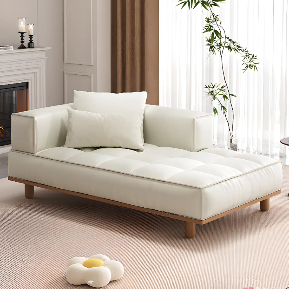 Ivory Large Rectangular Leather Pillow Left-Arm Chaise Image - 1