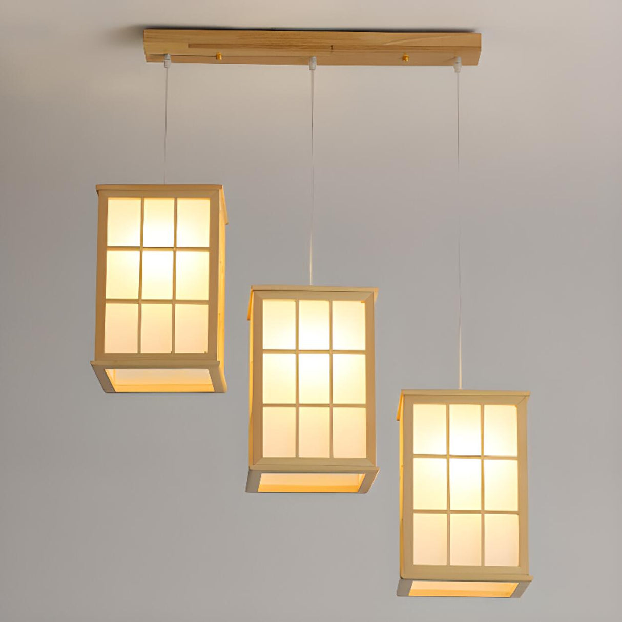 Japanese 3-Light Box Wooden Pendant Island Light Image - 2