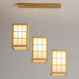 Japanese 3-Light Box Wooden Pendant Island Light Image - 2