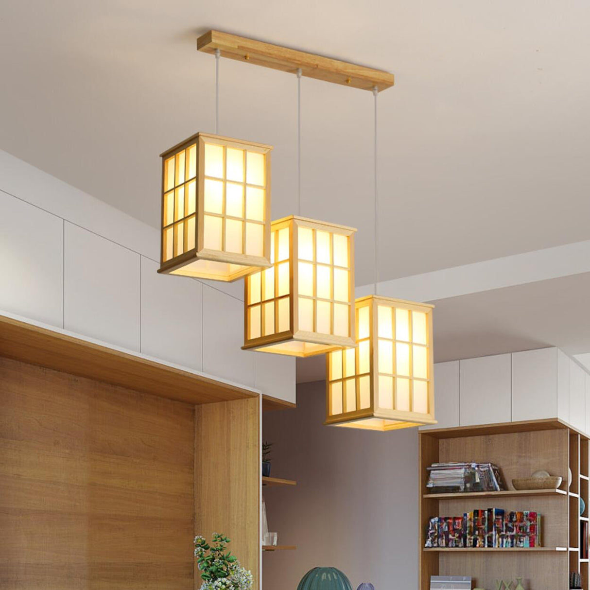 Japanese 3-Light Box Wooden Pendant Island Light Image - 4