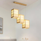 Japanese 3-Light Box Wooden Pendant Island Light Image - 5