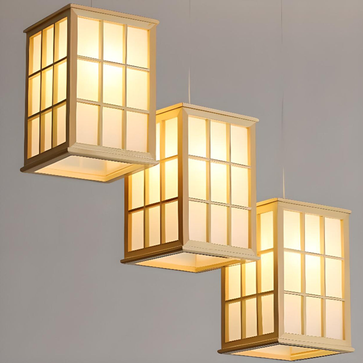 Japanese 3-Light Box Wooden Pendant Island Light Image - 8