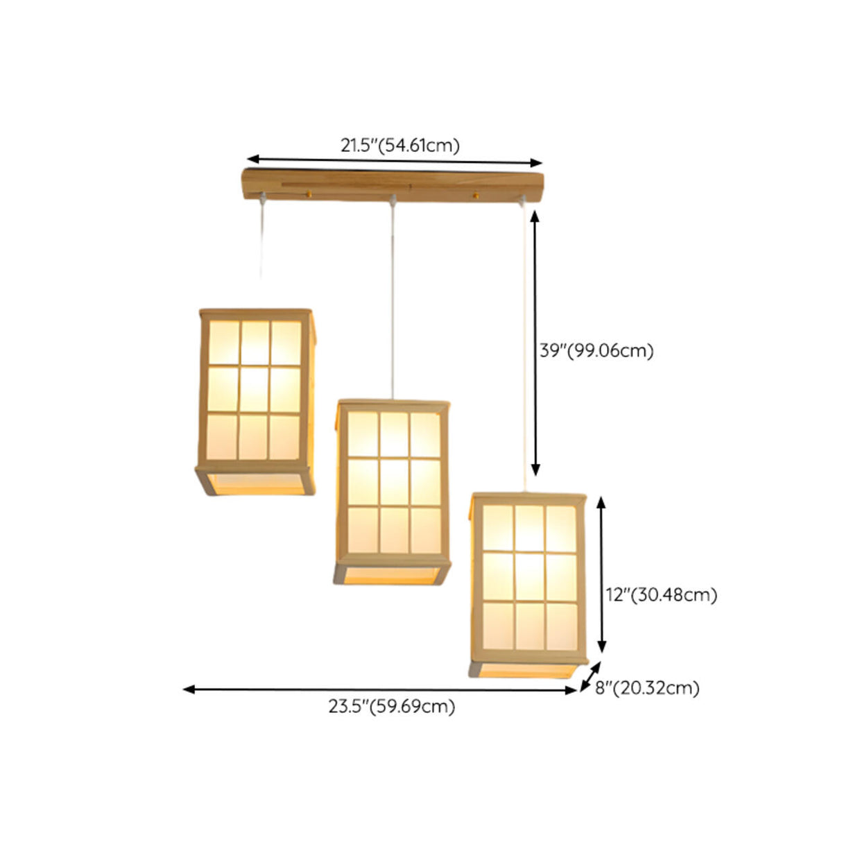 Japanese 3-Light Box Wooden Pendant Island Light 