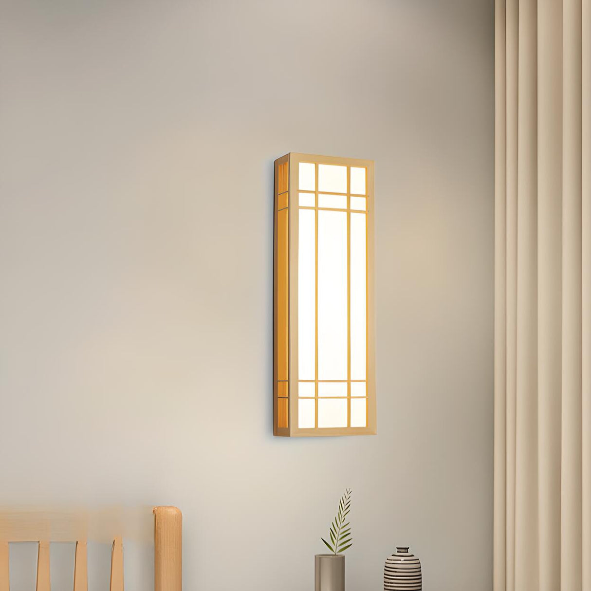 Japanese Inspired Box Wooden Grid LED Wall Sconce Image - 6