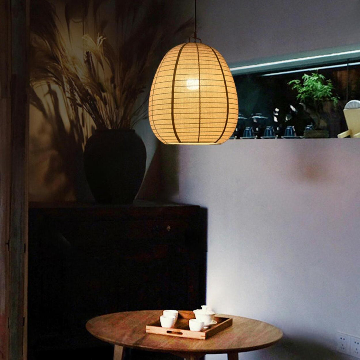 Japanese Restaurant Beige Woven Lantern Pendant Light Image - 6