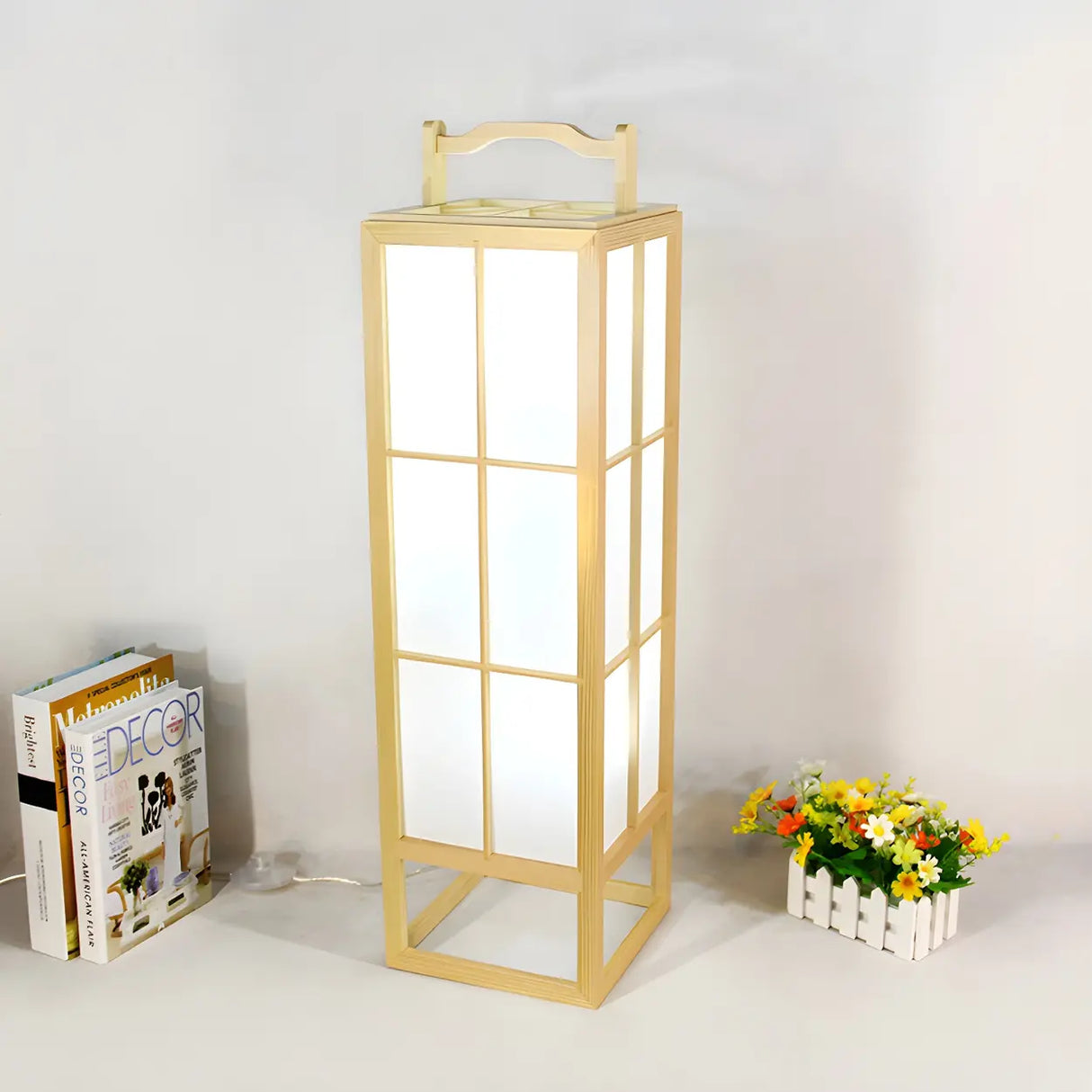 Japanese-Style Beige Rectangular Wooden Floor Lamp Image - 1