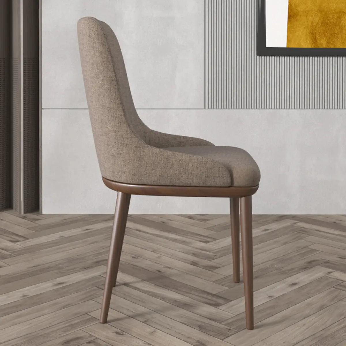 Khaki Armless Fabric Upholstered Wood Legs Dining Chair Image - 4