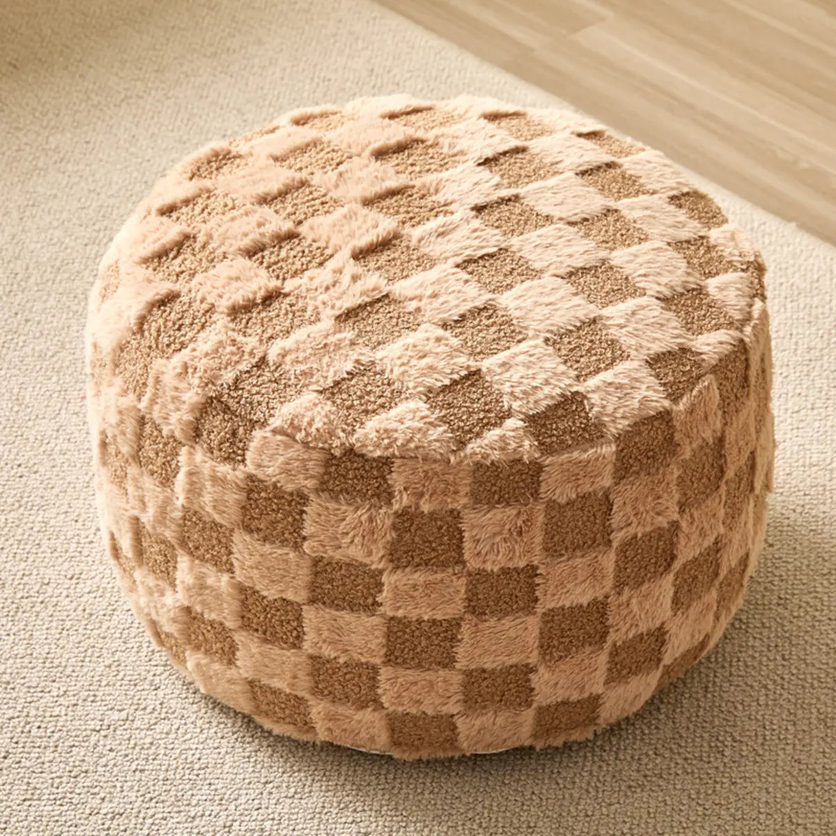 Khaki Check Upholstered Sherpa Medium Pellets Ottomans Image - 3