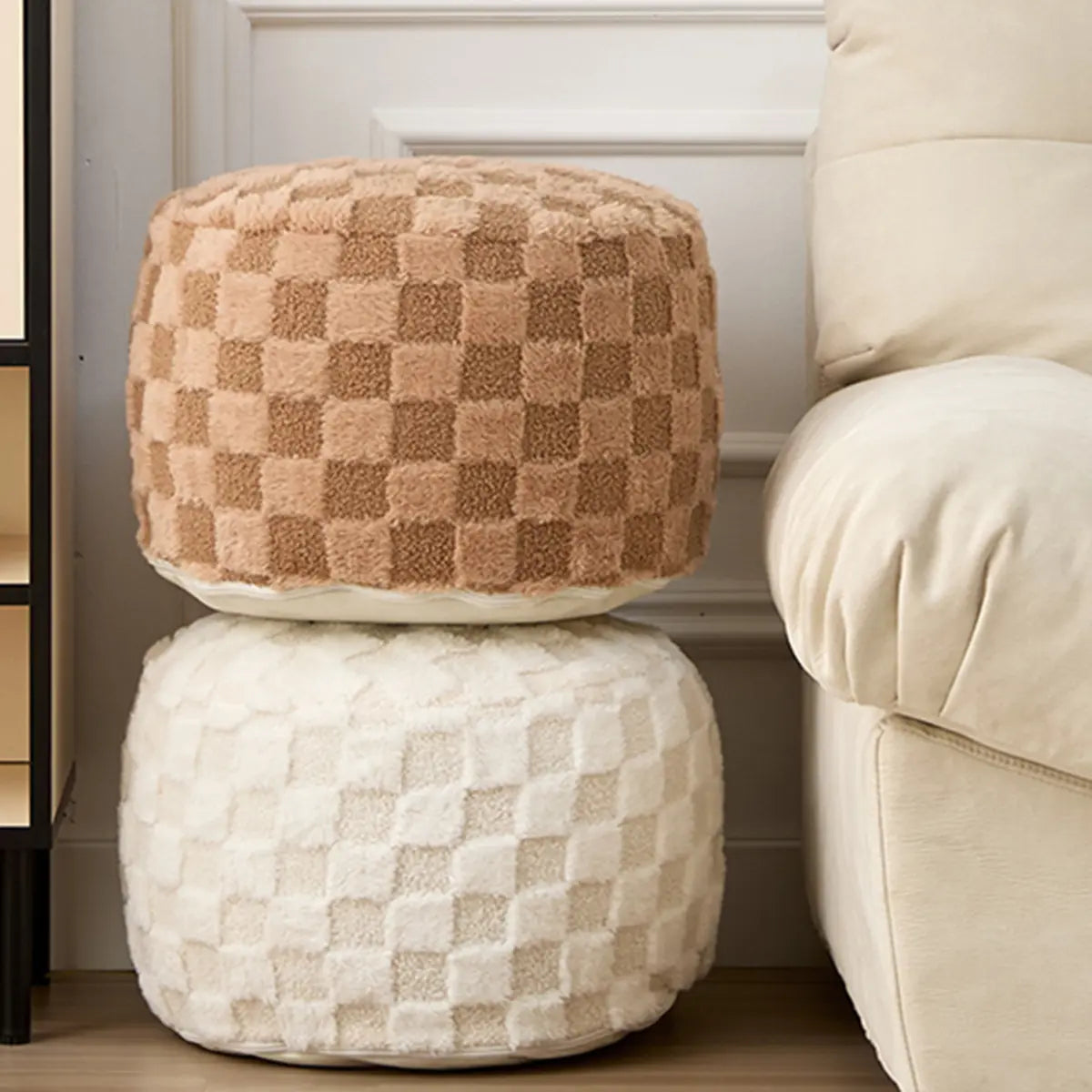 Khaki Check Upholstered Sherpa Medium Pellets Ottomans Image - 4