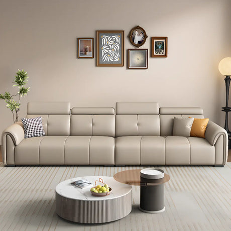 Khaki Leather Biscuit Back Wood Frame Sofa	with Arms Image - 1