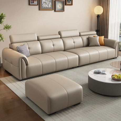 Khaki Leather Biscuit Back Wood Frame Sofa	with Arms Image - 2