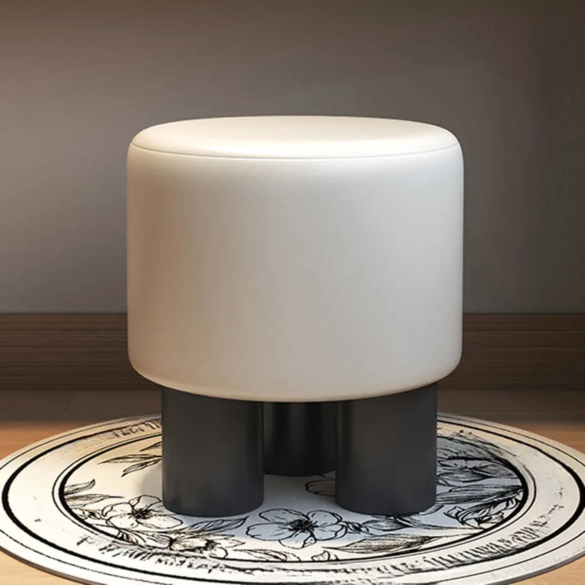 Khaki Round Fabric Upholstered Vanity Stool with Legs Image - 4