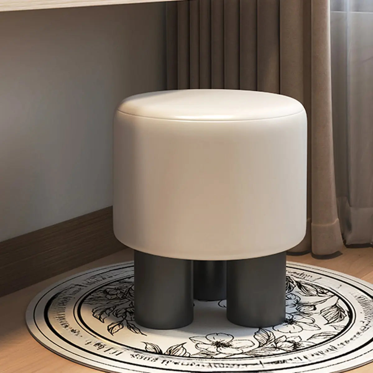 Khaki Round Fabric Upholstered Vanity Stool with Legs Image - 6