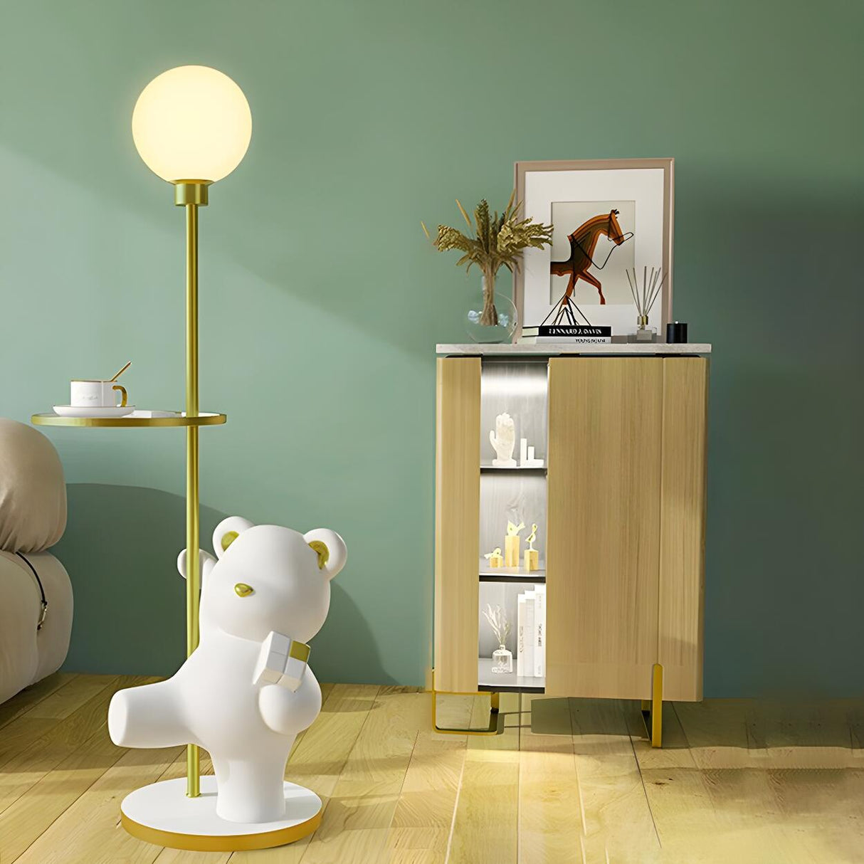 Kid's Room Adorable Pink Bear Side Table Floor Lamp Image - 2